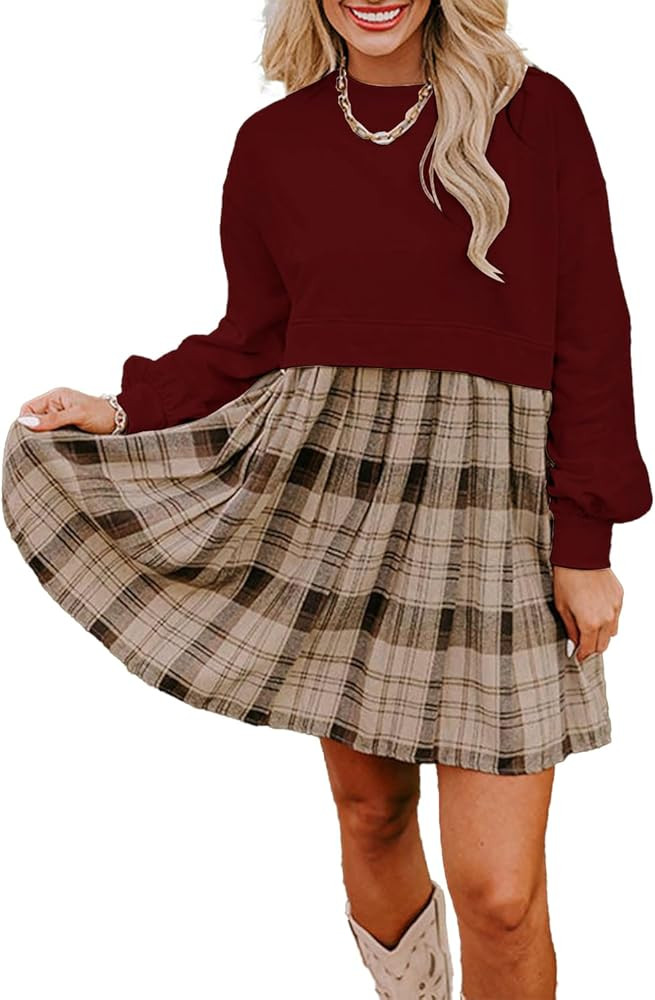 LEMAFER Sweatshirt Dress Womens Casual Patchwork High Waist Round Neck Pullover Mini Dresses 2025... | Amazon (US)