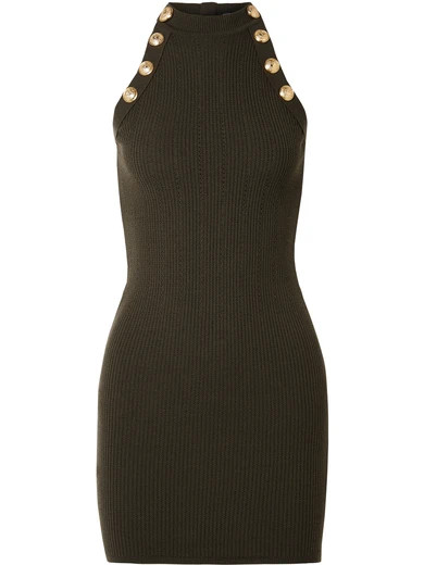 Balmain - Button-embellished Ribbed Wool-blend Mini Dress - Army green | NET-A-PORTER (US)