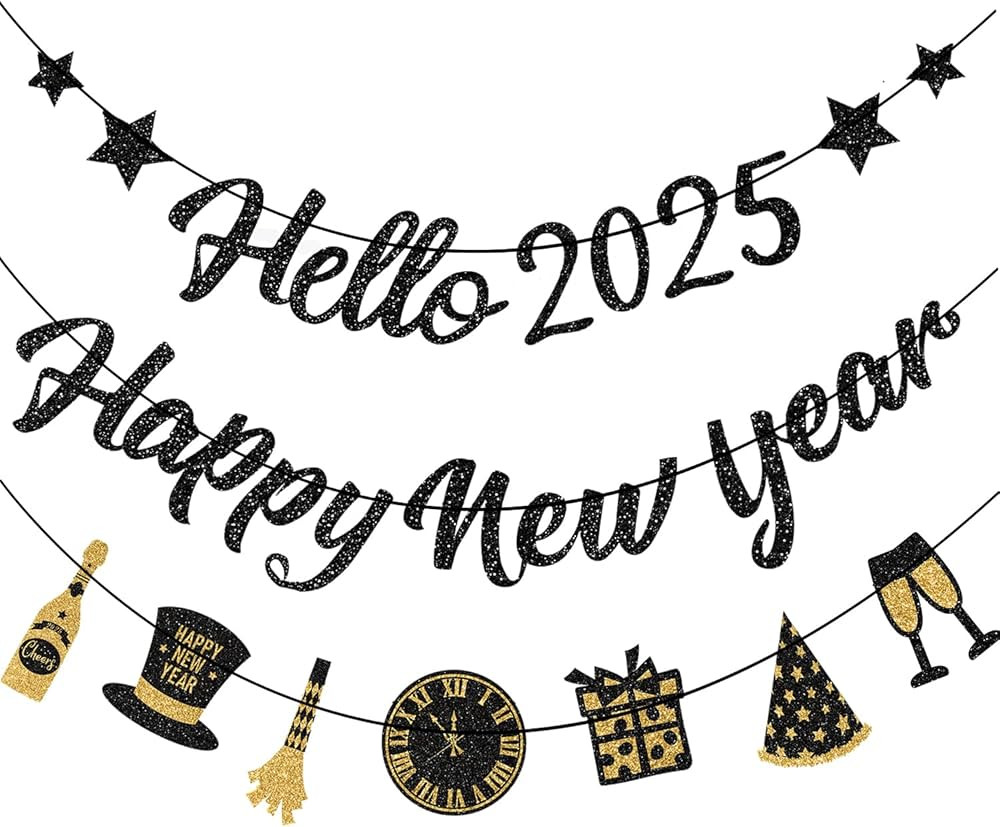 IMISHM Glitter Black New Years Decorations New Years Party Decorations 2025 Pre Strung New Years ... | Amazon (US)