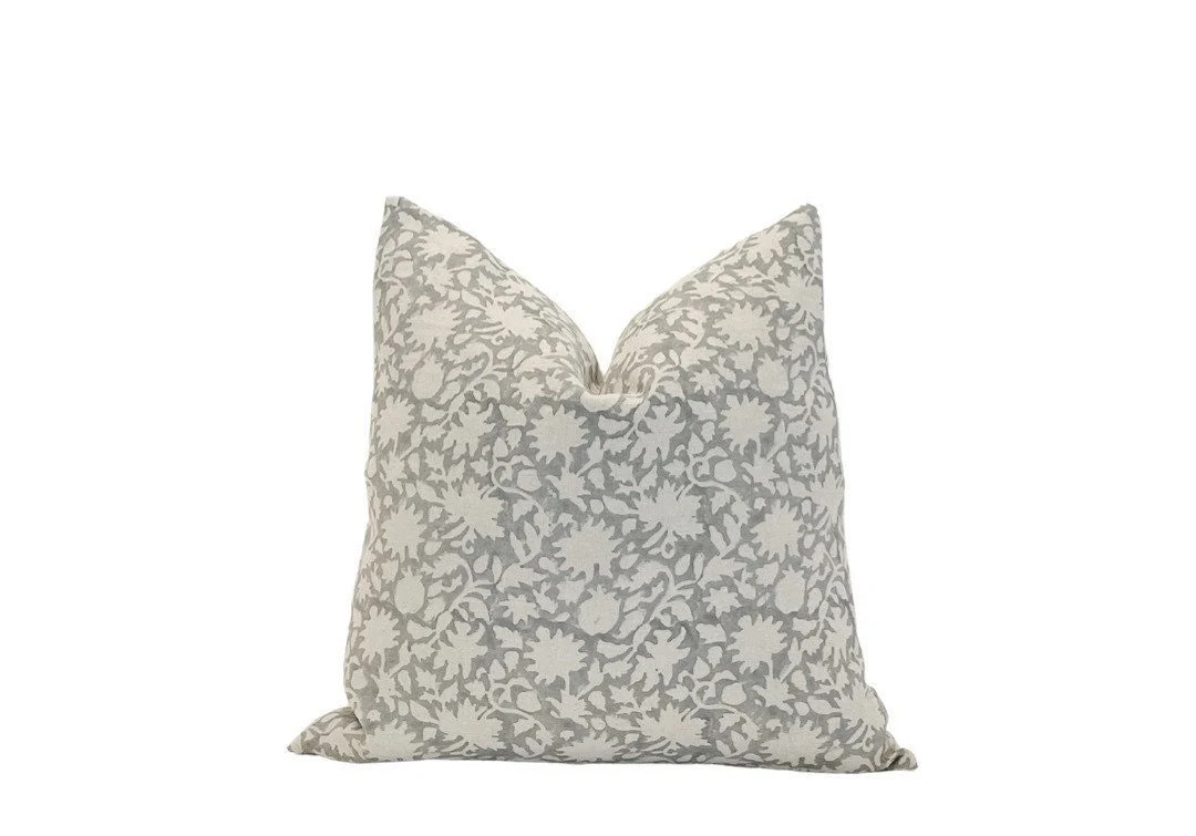 GREER  Beautiful Grey and Beige Hand-blocked Floral Pillow - Etsy | Etsy (US)