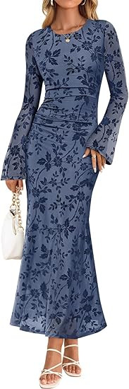 ZESICA Women's Long Sleeve Floral Bodycon Dress 2026 Spring Fall Ruched Mesh Wedding Guest Cockta... | Amazon (US)