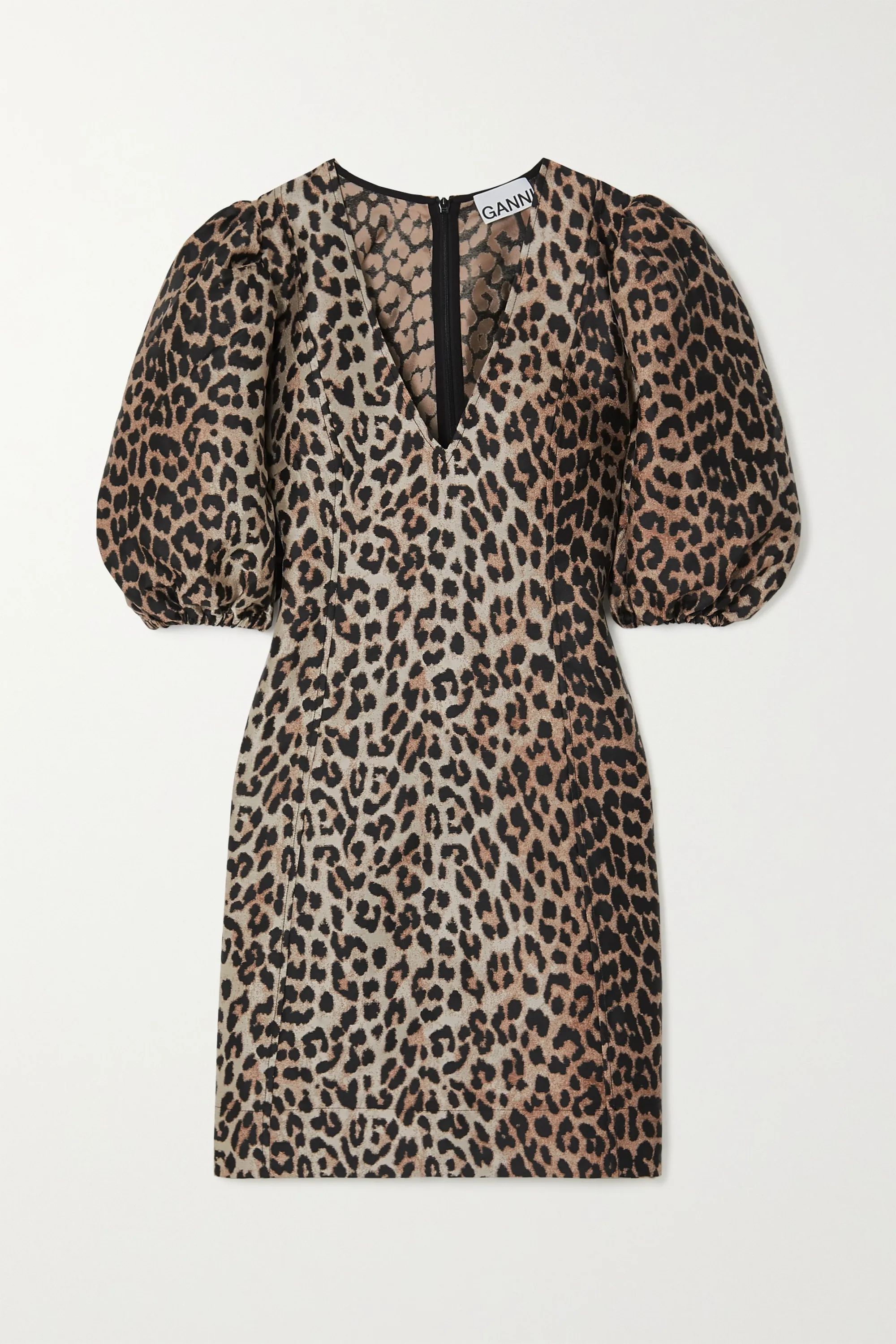 Leopard print Leopard-jacquard mini dress | GANNI | NET-A-PORTER | NET-A-PORTER (US)
