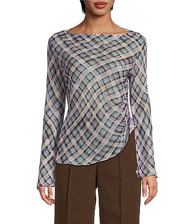 Lucy Paris Joshua Woven Plaid Print Boat Neck Long Sleeve Asymmetrical Top - M | Dillard's