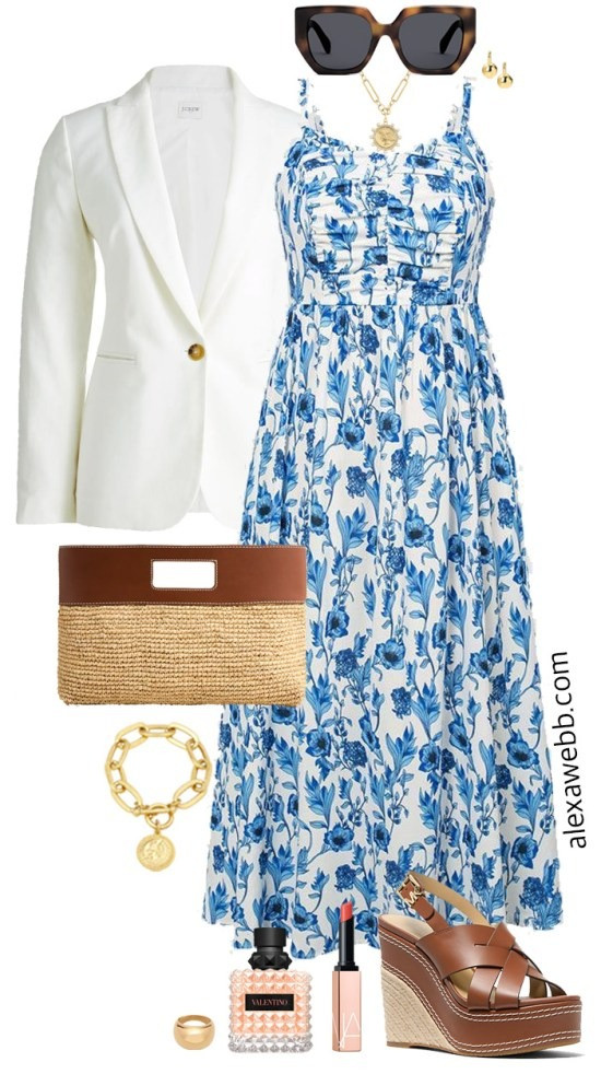 Plus Size Summer Maxi Dress Outfit - A beautiful plus size summer outfit idea for graduations, baby showers, and more! A plus size blue floral maxi dress topped with a white linen blend blazer as needed. Add a raffia and leather clutch and some wedge sandals. So beautiful! Alexa Webb 

 #LTKSeasonal #LTKMidsize #LTKPlusSize