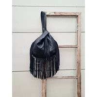 Black Leather Fringe Knot Bag, Recycled Boho Wristlet, Small Size | Etsy (US)