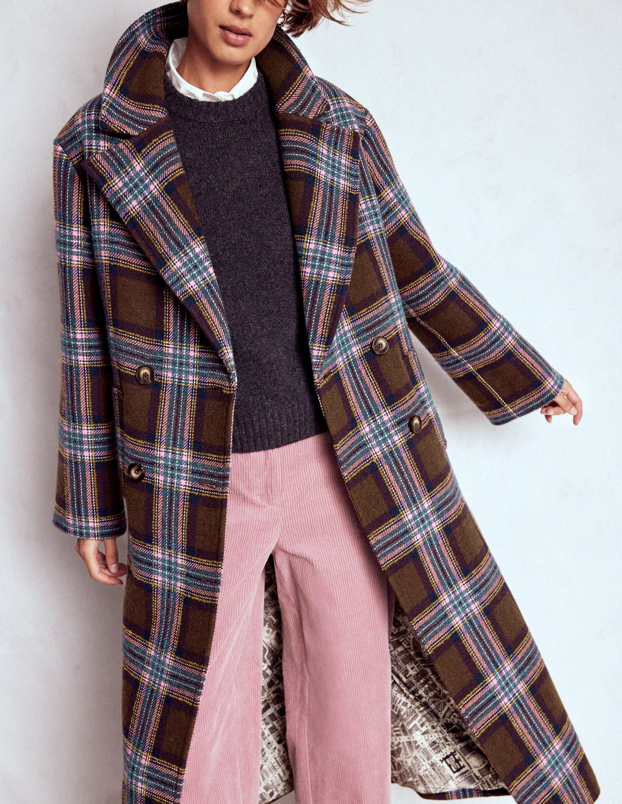 Cocoon Wool Coat-Brown, Teal and Pink Check | Boden (US)