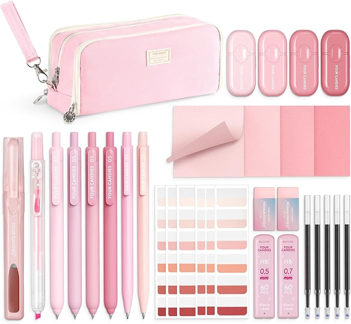 Four Candies Pink School Supplies with Case, Gel Pens with Black Ink, Correction Tapes, Pastel Hi... | Amazon (US)