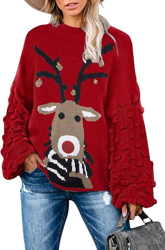 Sovoyontee Women's Cute Funny Ugly Christmas Sweater Puff Sleeve Snowflake Reindeer Holiday Overs... | Amazon (US)