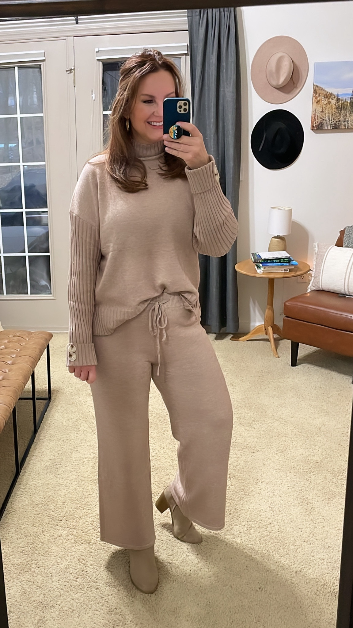 Amazon Fashion 2-piece Sweater Set. Long sleeve knit pullover top. Wide leg pants. Loungewear. Wearing size large. Color: “01_Camel"
For reference: 5’8”
Boots are old, linked similar  

#LTKmidsize #LTKSeasonal #LTKfindsunder100