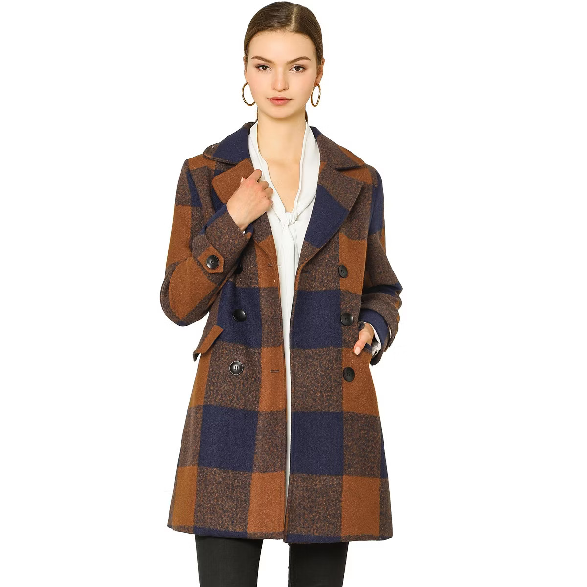 Allegra K Women's Notched Lapel Double Breasted Winter Plaids Coat | Target