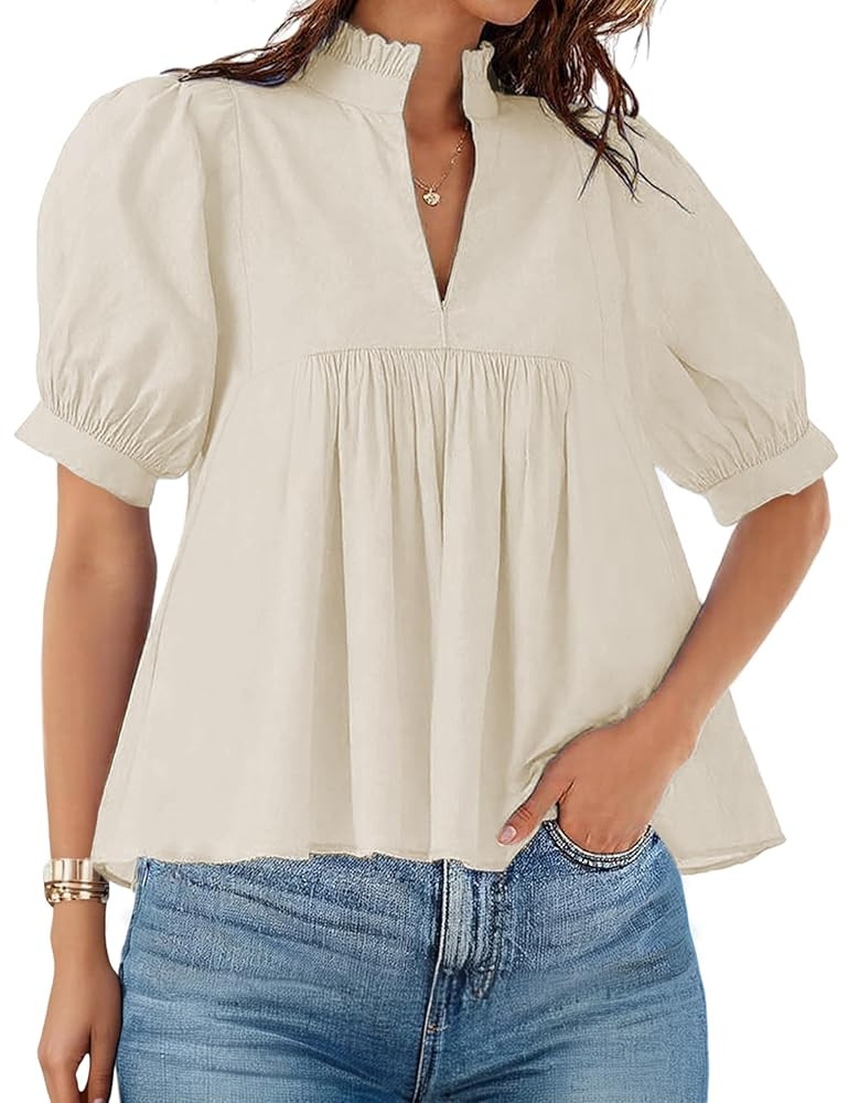 Zhiyouni Summer Blouses for Women 2025 Dressy Casual Short Sleeves V Neck Babydoll Peplum Tops | Amazon (US)