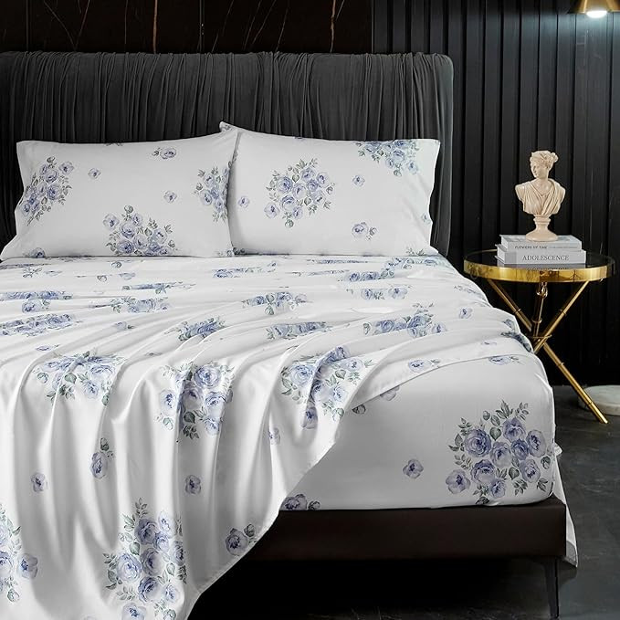 Amazon.com: HYPREST Blue Floral Bed Sheets King Size, 18 inches Deep Pocket Sheets 1800 Thread Co... | Amazon (US)