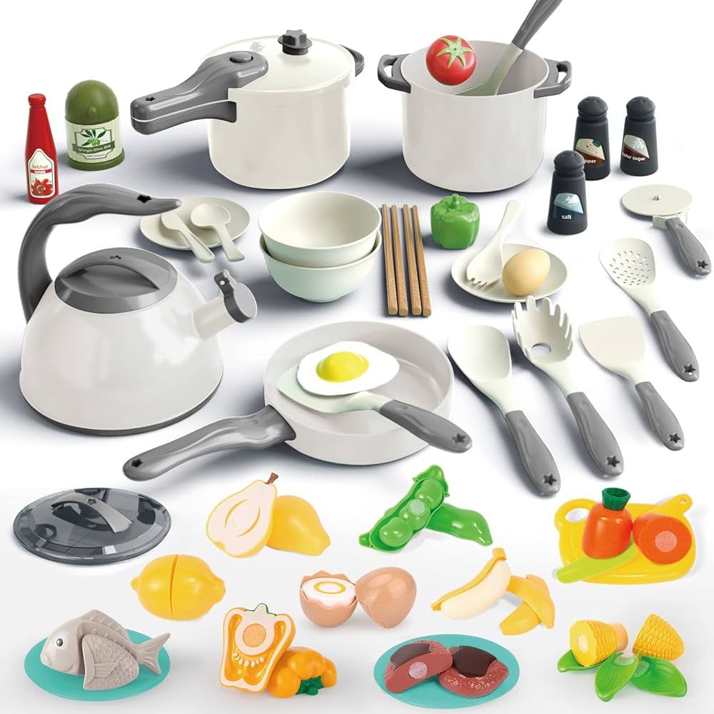 Bruvoalon 67Pcs Kids Play Kitchen Toy, Toddler Pretend Cooking Playset with Pots Pans, Utensils C... | Amazon (US)
