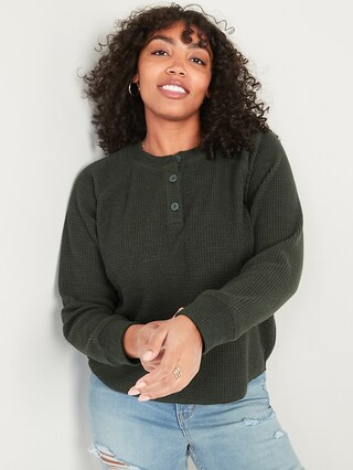 Loose Cropped Cozy Long-Sleeve Henley T-Shirt | Old Navy (US)