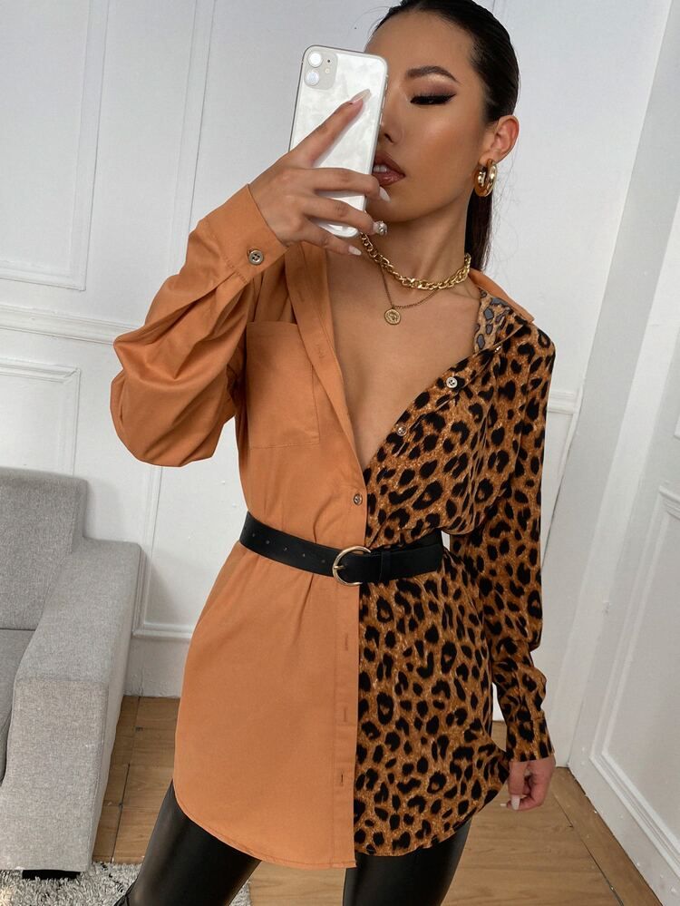 Contrast Leopard Print Blouse Without Belt | SHEIN