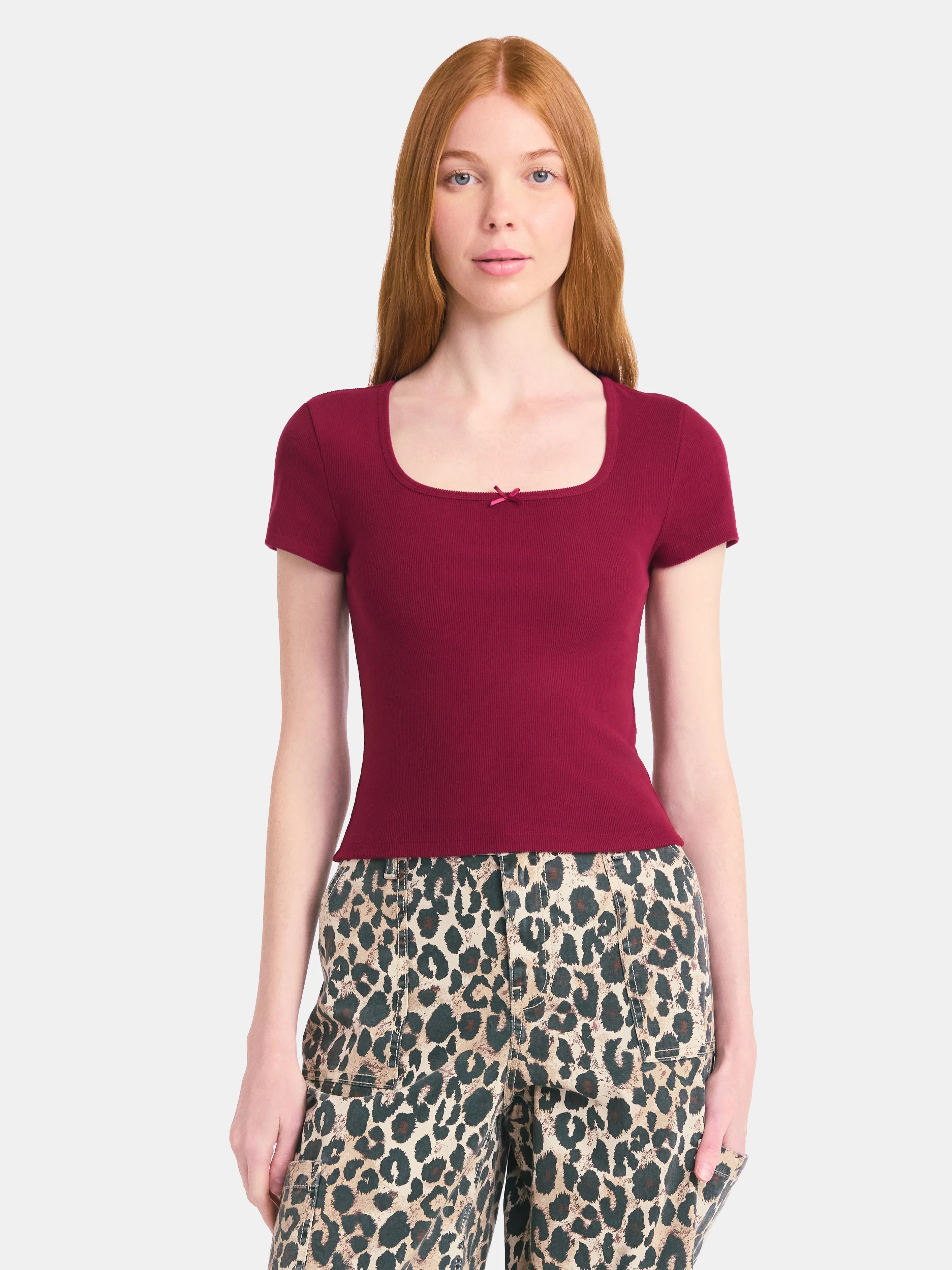 No Boundaries Square Neck Tee with Satin Bow, Women's | Walmart (US)