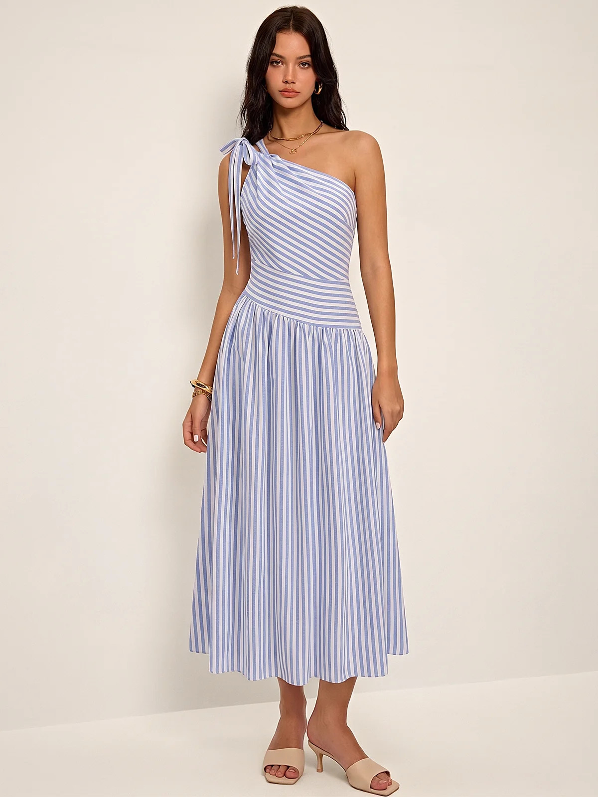 One Shoulder Striped Cotton Blend Maxi Dress | Commense