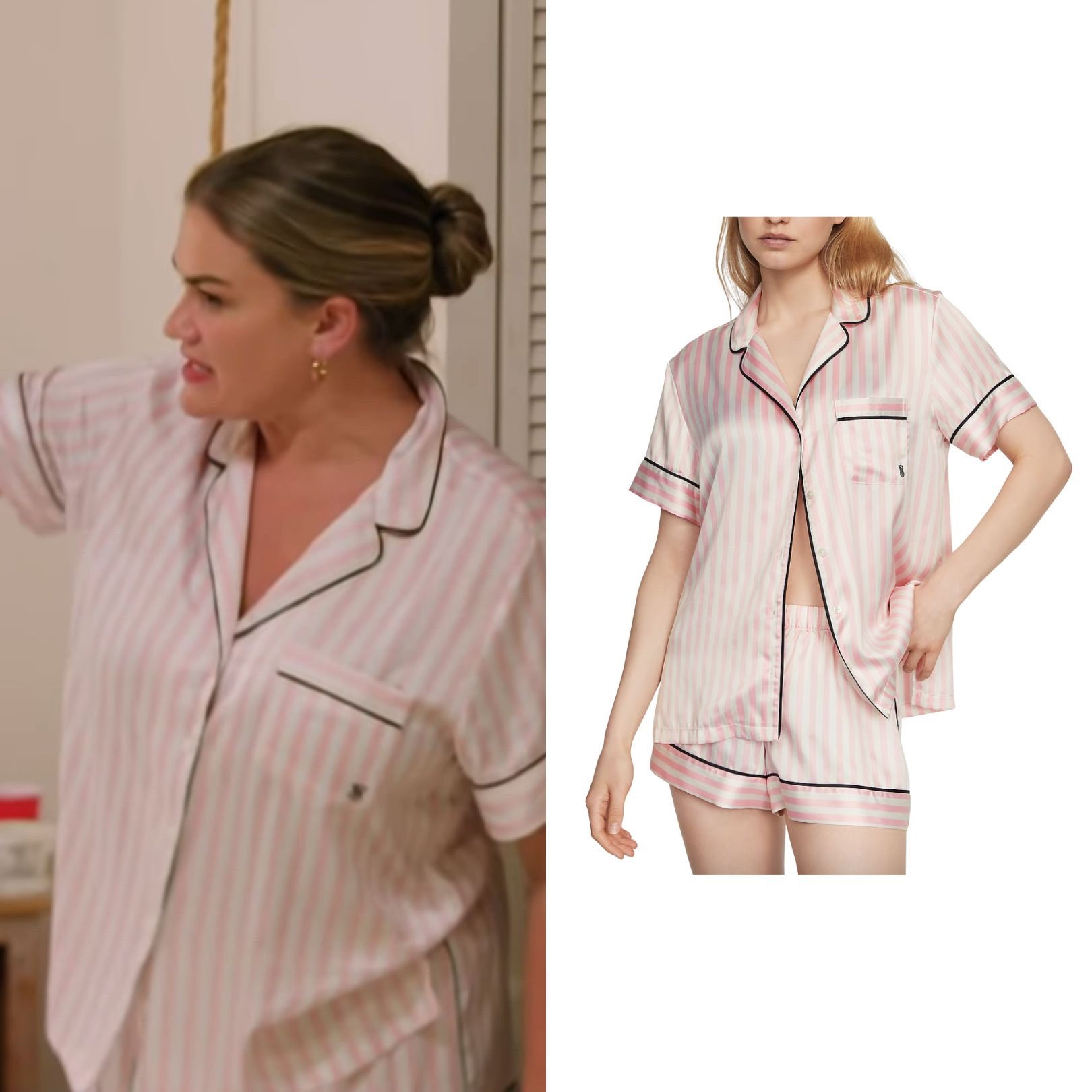 Brittany Cartwright’s Pink Satin Short Sleeve Striped Pajamas 