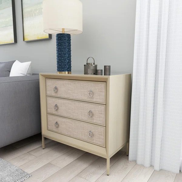 Imboden Beige Wood Upholstered Front Panel 3 Drawer Chest with Mirrored Top and Ring Handles | Wayfair North America