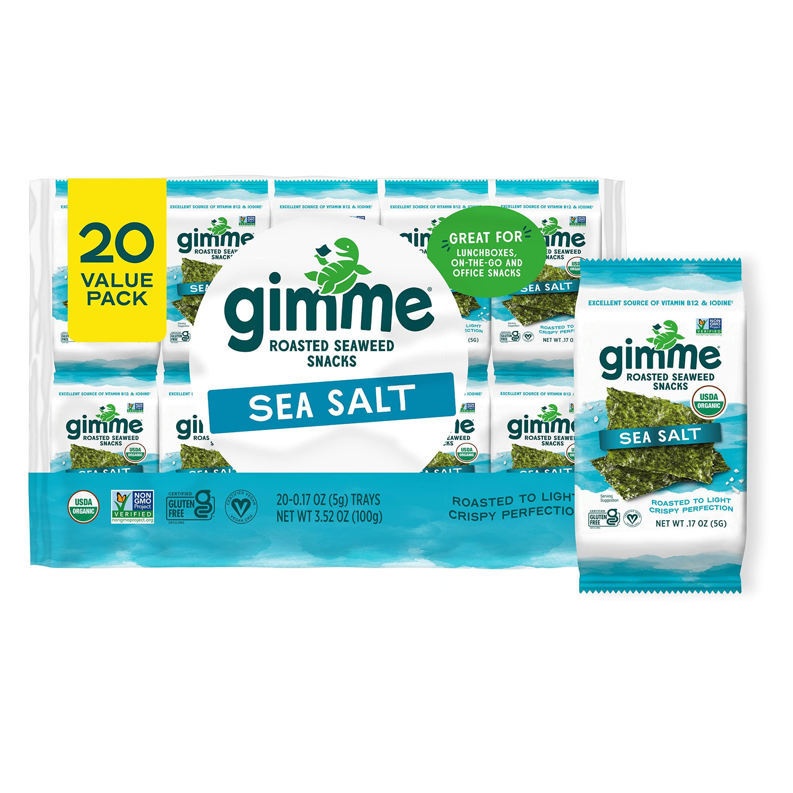 gimMe Organic Roasted Seaweed Sheets, Sea Salt, Keto, Vegan, Gluten Free, Great Source of Iodine ... | Amazon (US)