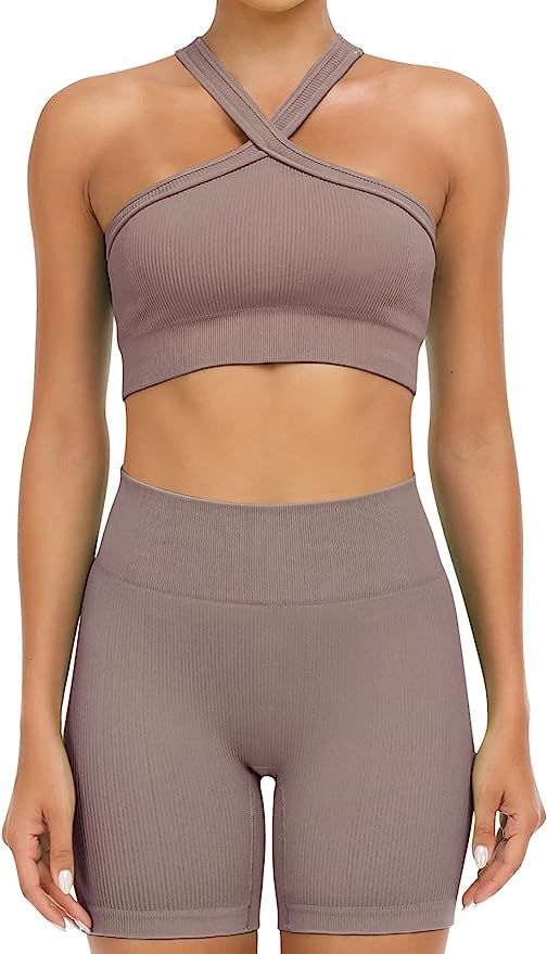 JOLLMONO Ribbed Workout Sets for Women 2 Piece Seamless Matching Gym Yoga Work Out Set | Amazon (US)