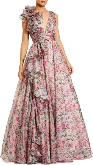 Mac Duggal Ruffle Shoulder V-Neck Printed Chiffon Gown | Nordstrom | Nordstrom