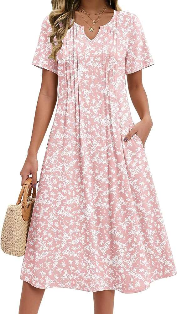 Zeagoo Summer Dresses for Women 2026 Casual Short Sleeve Aline Midi Dress with Pocket Flowy Pleat... | Amazon (US)