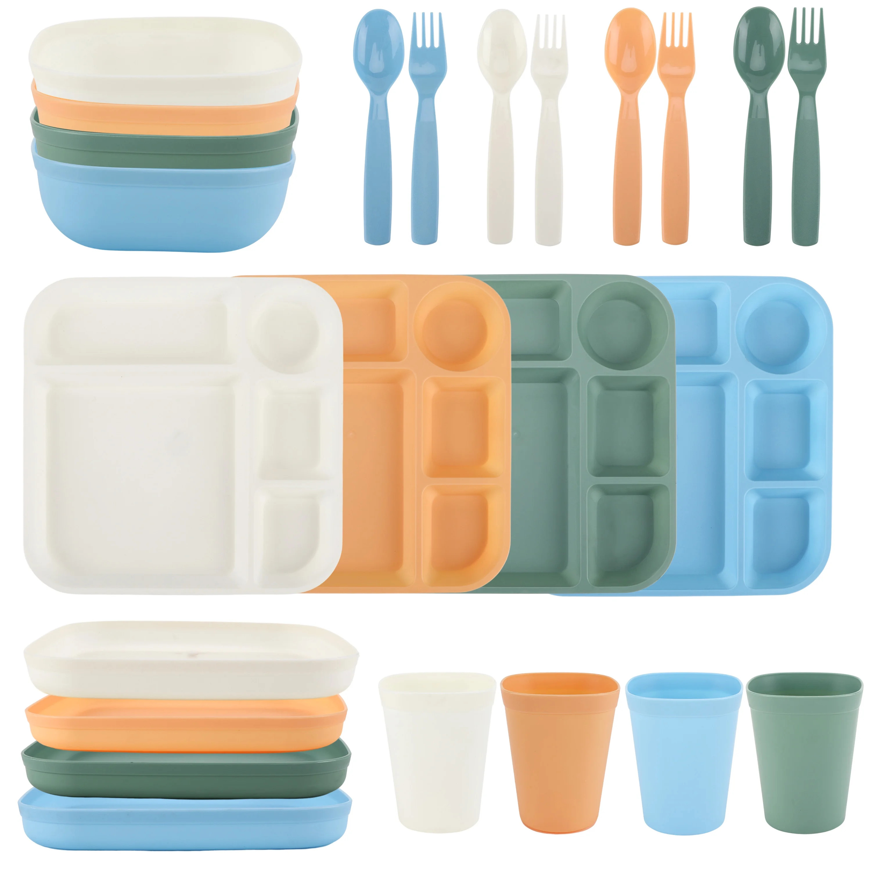 Your Zone 24-Piece Plastic Square Dinnerware Set for Kids with 4 Trays, Bowls, Plates, Cups, Fork... | Walmart (US)