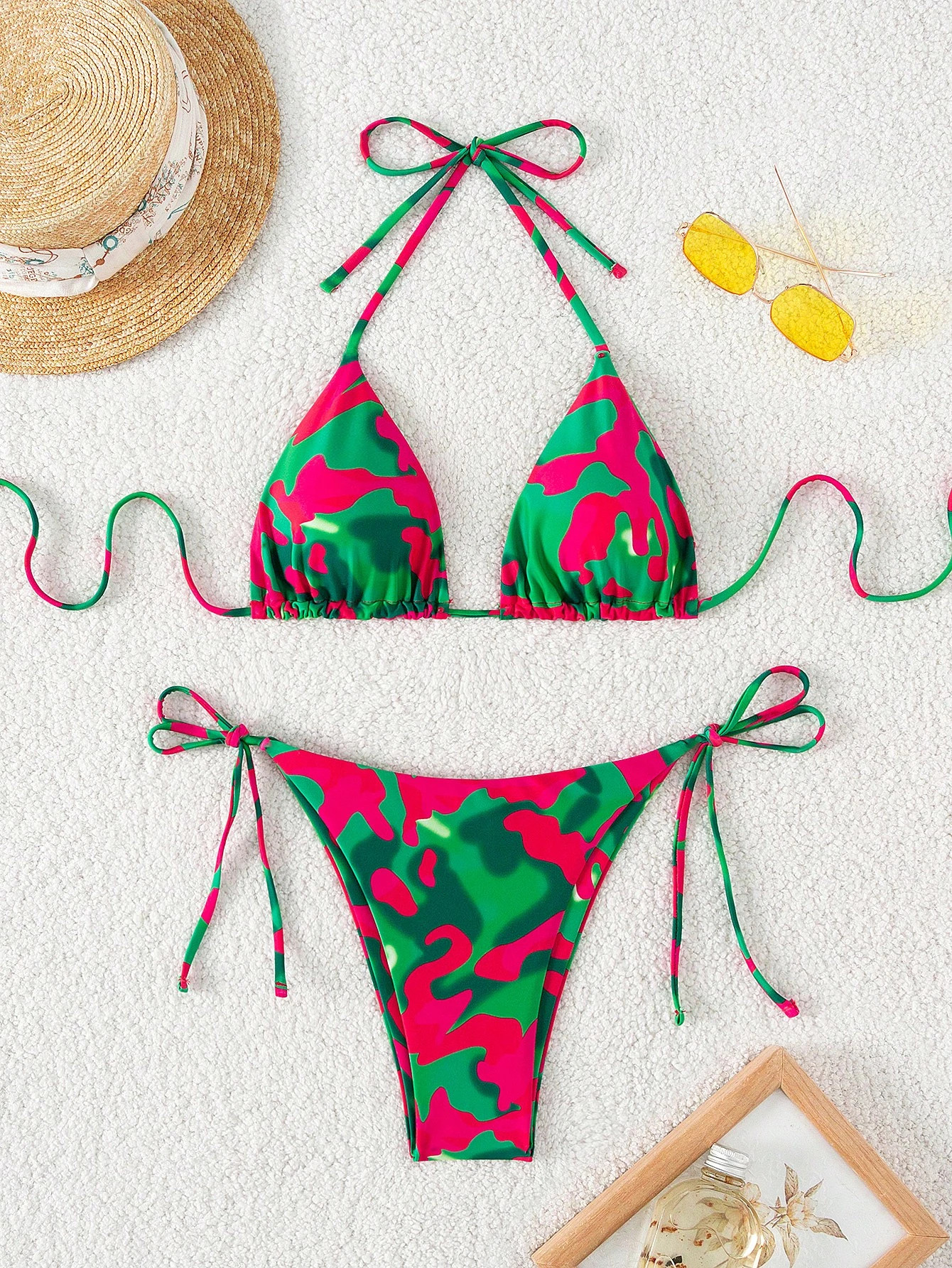 Allover Print Halter Triangle Tie Side Bikini Swimsuit | SHEIN