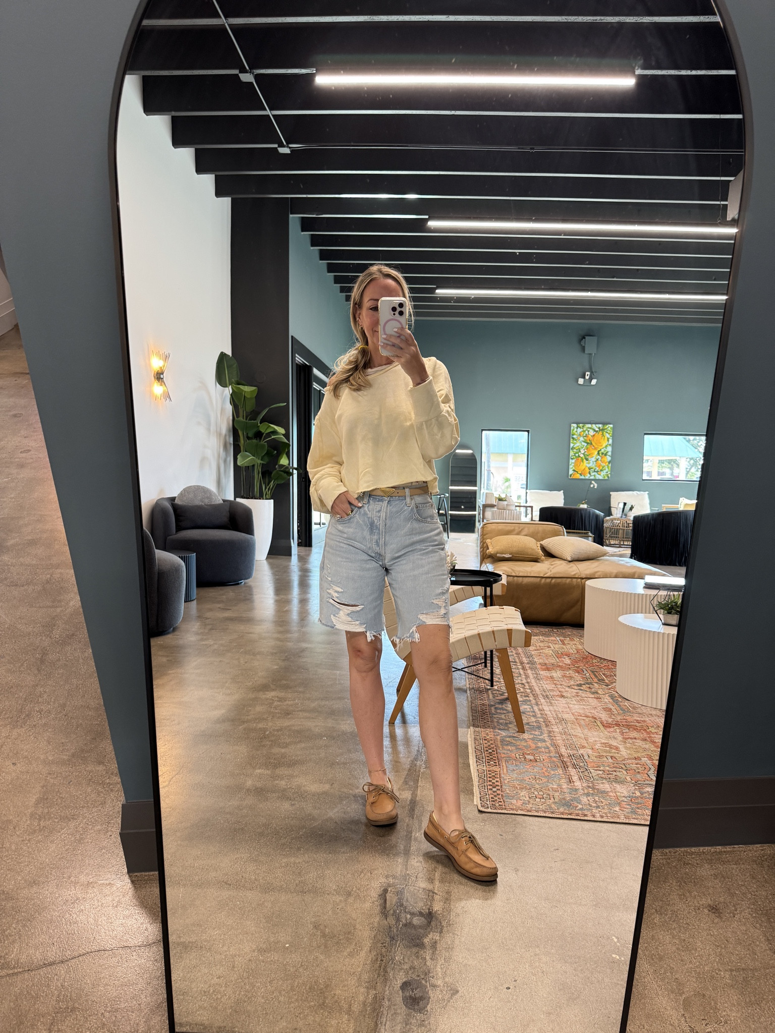 Unpopular opinion: almost everyone hates these shorts… but I love them. 🙋🏻‍♀️

Also—can we talk about how boat shoes are chic again after almost 40 years?! 1988 me is absolutely thriving. Borrowed these Sperrys straight from my teen (don’t tell him).

Tops are old favorites from LNA + LoveShackFancy—easy to recreate with a tank + cropped sweatshirt if you want the vibe. Effortless and polished  

#LTKSeasonal #LTKOver40 #LTKWorkwear