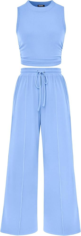 BTFBM Women Summer 2 Piece Outfits Ribbed Knit Crew Neck Sleeveless Cropped Top Elastic Waist Wid... | Amazon (US)