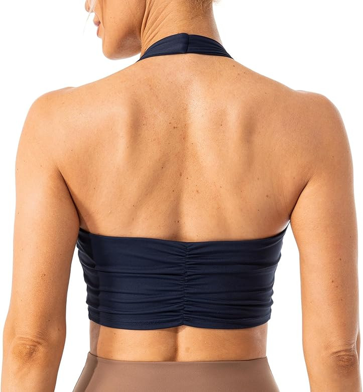 Lavento Women's Halter Sports Bra Pleated Longline Padded Yoga Crop Bras Top | Amazon (US)