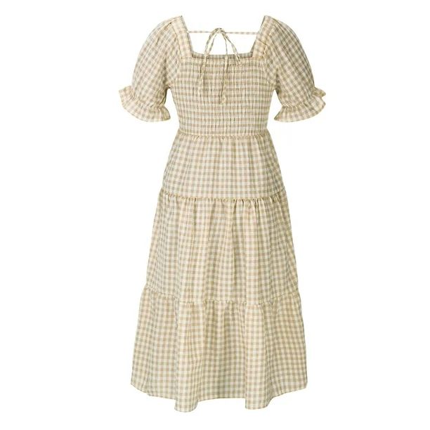 DOLKFU Plaid Dresses For Women Square Neck Gingham Print Lantern Sleeve Maxi Dress High Waist Str... | Walmart (US)