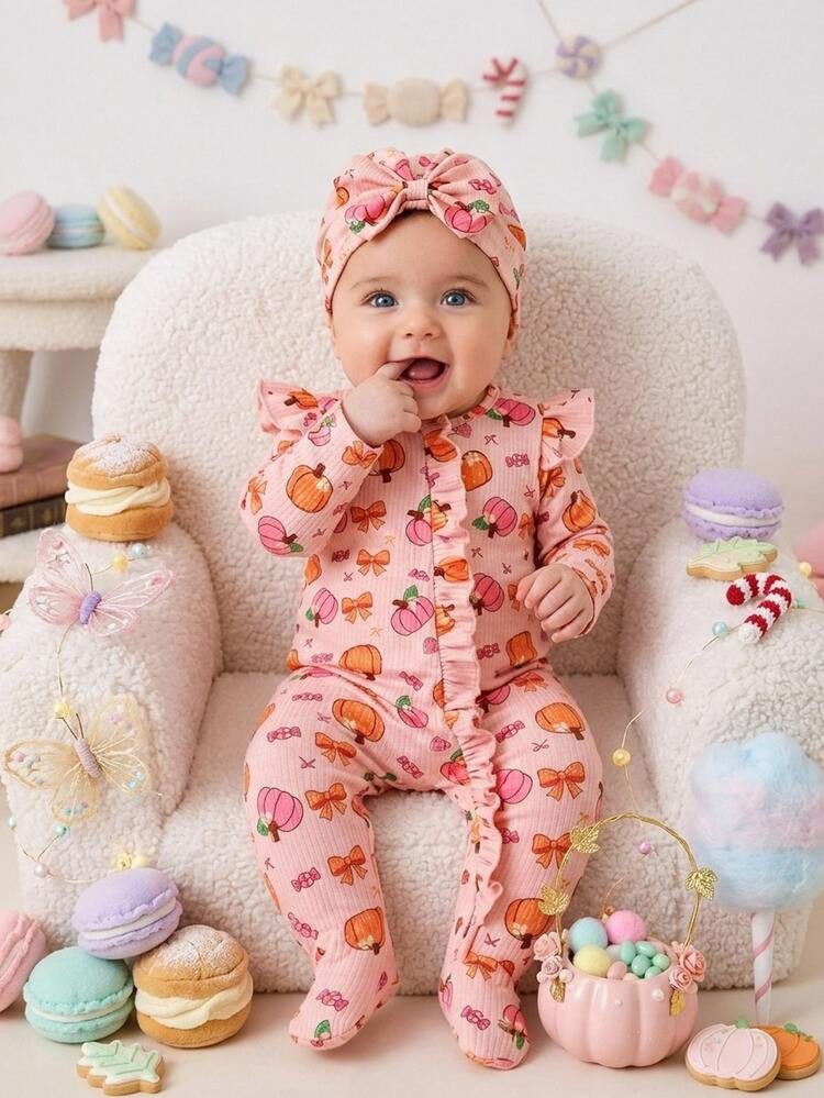 SHEIN Newborn Baby Girl Halloween Pumpkin Bow Candy Print Pink Long Sleeve Romper Wit... | SHEIN