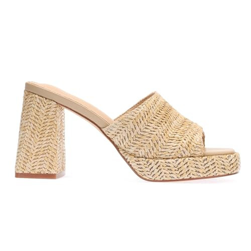 IDAWIVI Raffia Platform Heels for Women, Block Chunky Heels with Square Open Toe Slip On Heeled Sandals for Summer Vacation Beach Apricot 8.5 | Amazon (US)