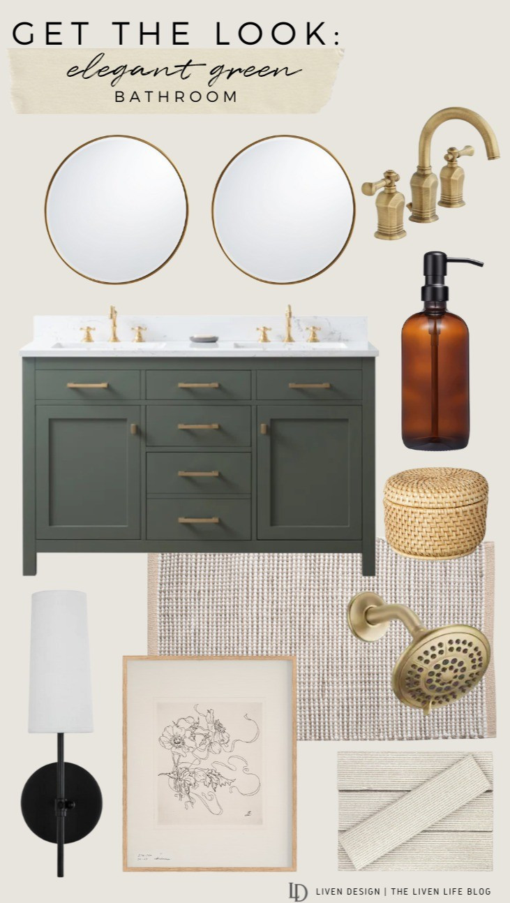 Green vanity. Bathroom decor. Interior design. Brass Bathroom faucet. Soap dispenser. Bathroom decor. Bath mat. Bathroom tile. Backsplash. Wall sconce. Champagne bronze bathroom fixture. Target decor. 

#LTKSeasonal #LTKHome #LTKSaleAlert