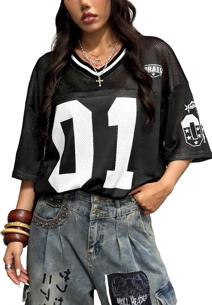SOLY HUX Jersey Shirts for Women Y2k Graphic Number Oversized Tees V Neck Half Sleeve Cute Soccer... | Amazon (US)