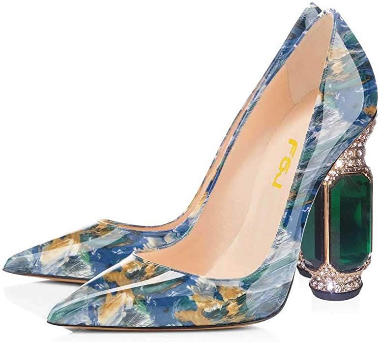 FSJ Women Bridal Pointed Toe Chunky High Heel Crystal Pumps Slip on Wedding Thick Comfort Shoes U... | Amazon (US)