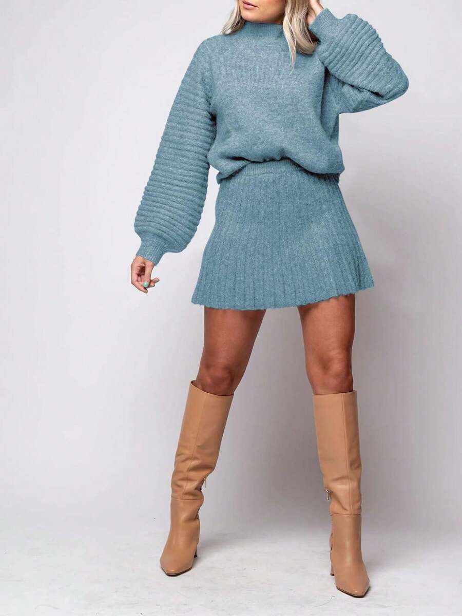 Womens 2 Piece Outfits Long Sleeve Mock Neck Ribbed Sweater And Mini Skirt Set 2025 | SHEIN