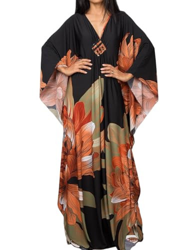 Bsubseach Women Ethnic Print Kaftan Beach Dress Plus Size Swimsuit Cover Up Orange Green Flower | Amazon (US)