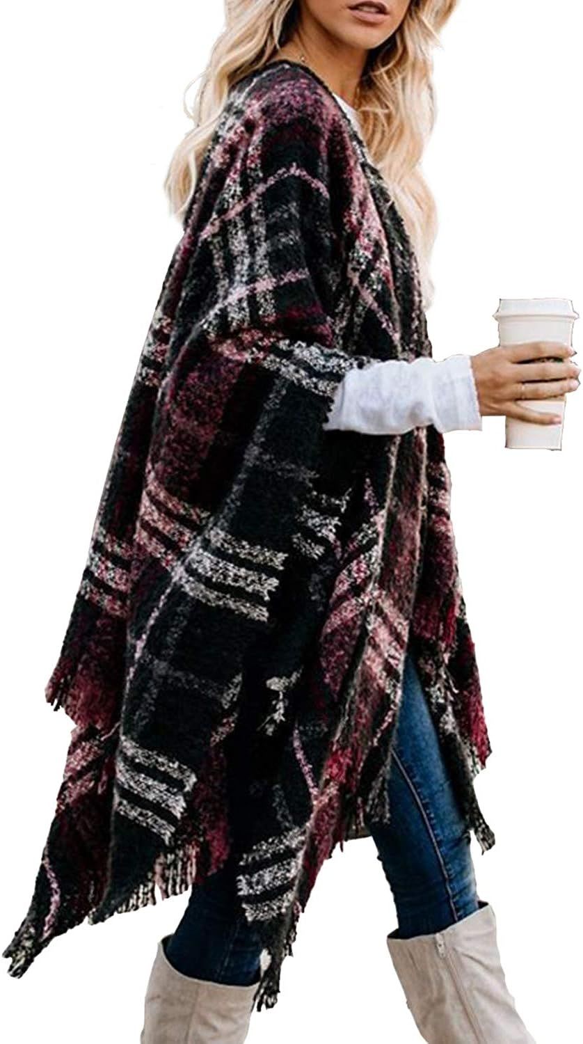 Bestshe Women's Boho Open Front Poncho Knitted Plaid Shawl Wrap Cape Tassel Cardigan Sweater | Amazon (US)
