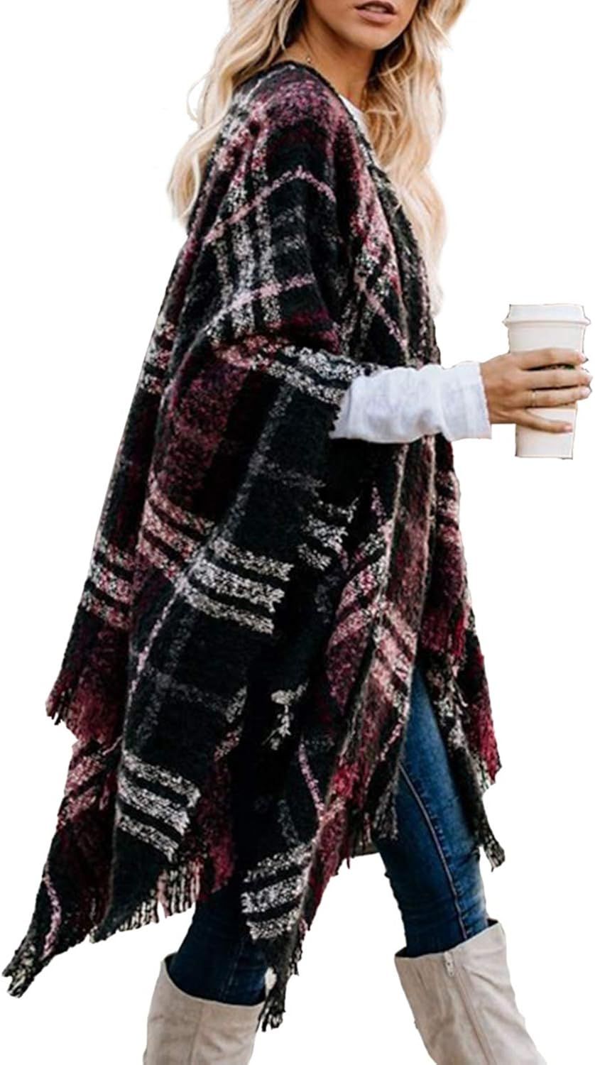 Bestshe Women's Boho Open Front Poncho Knitted Plaid Shawl Wrap Cape Tassel Cardigan Sweater | Amazon (US)