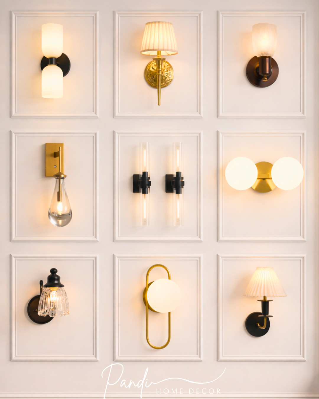 Modern wall sconces, variety of light fixtures, gold and brass hardware, black finish lighting, frosted glass globes, fluted lamp shades, teardrop glass pendant, industrial chic wall lamps, contemporary lighting design, elegant home illumination, luxury interior lighting, decorative wall mounted lights, white paneled wall background, minimalist lighting accents, transitional style sconces, warm ambient glow. 

 #LTKHome