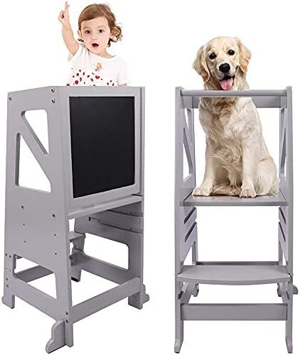 Kids Kitchen Step Stool, Dripex Wooden Learning Stool with Safety Rail & Chalkboard, Adjustable C... | Amazon (US)