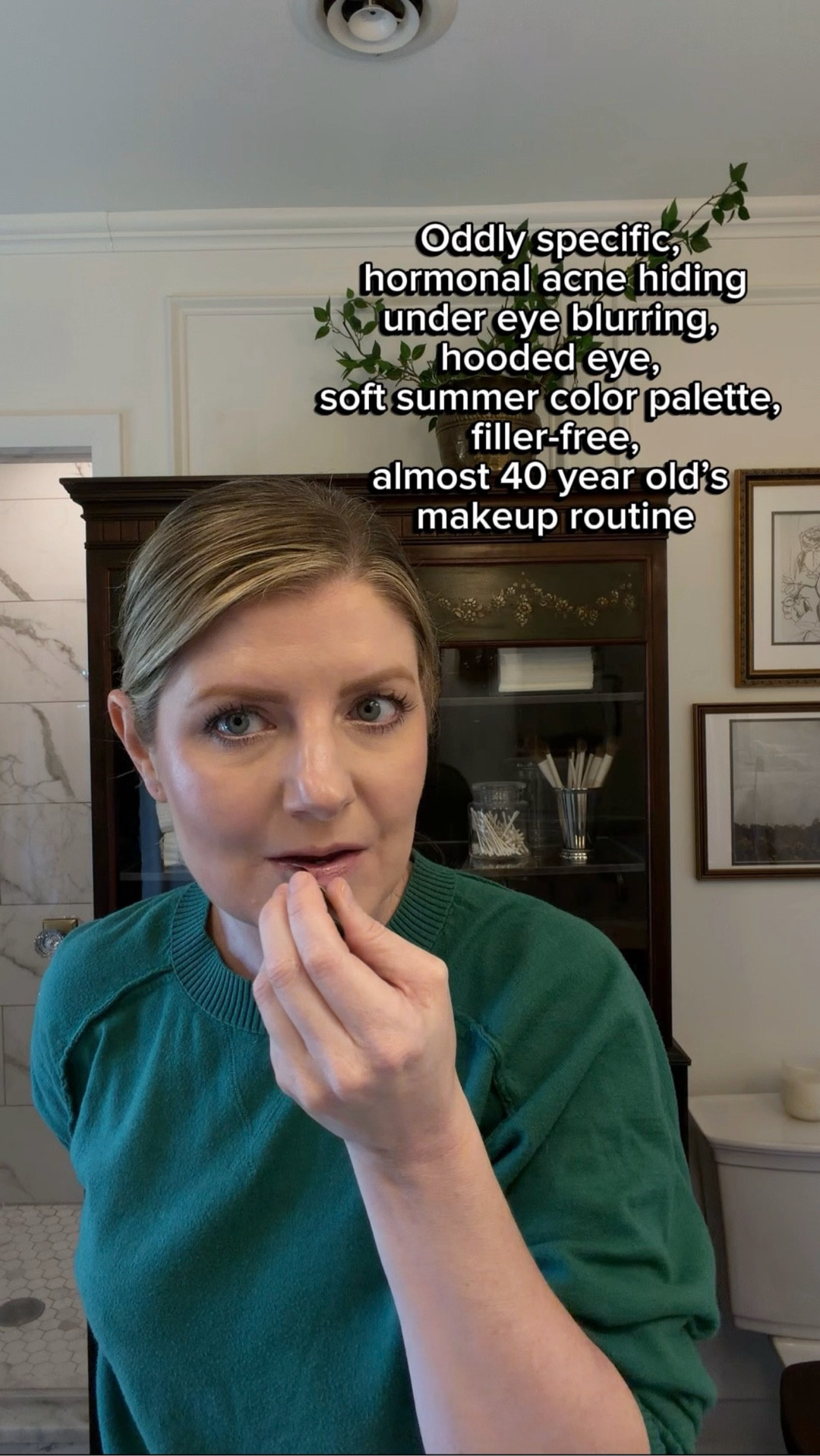 Oddly specific hormonal acne hiding, under eye circle blurring, hooded eye, soft summer color palette, filler-free, mature skin makeup routine  