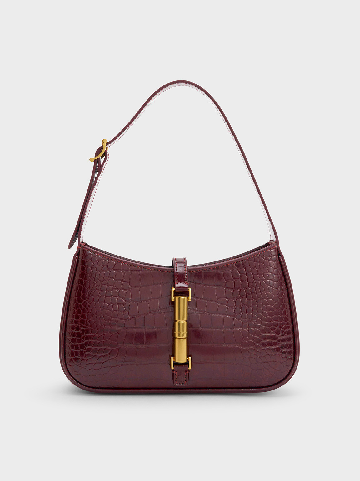 Cesia Croc-Effect Metallic-Accent Shoulder Bag
    
         - Burgundy | Charles & Keith EU
