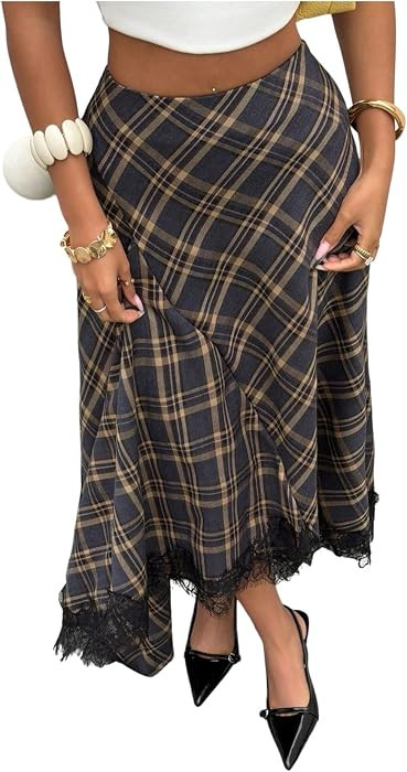 Women's Plaid Lace Midi Skirt Flowy Going Out Long Skirts | Amazon (US)