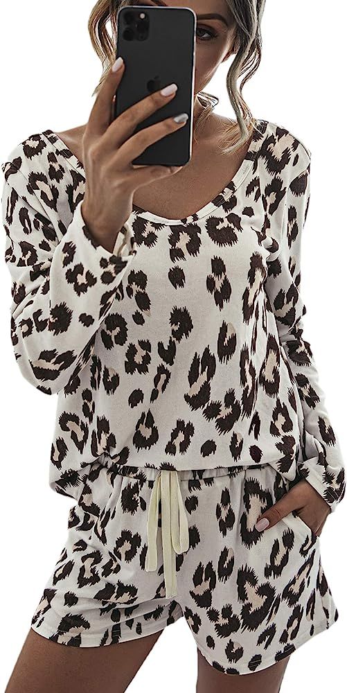 ECOWISH 2021 Summer Women Short Pajamas Set Long Sleeve Tops and Shorts PJ Set 2 Piece Sleepwear ... | Amazon (US)