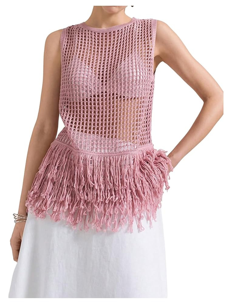 Milumia Women's Hollow Out Fringe Knitted Tank Top Sexy Sheer Sleeveless Long Sweater Vests | Amazon (US)