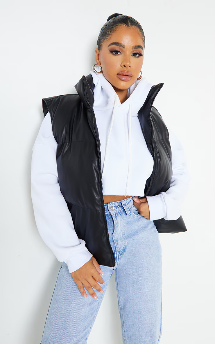 Petite Black Faux Leather Puffer Vest | PrettyLittleThing US